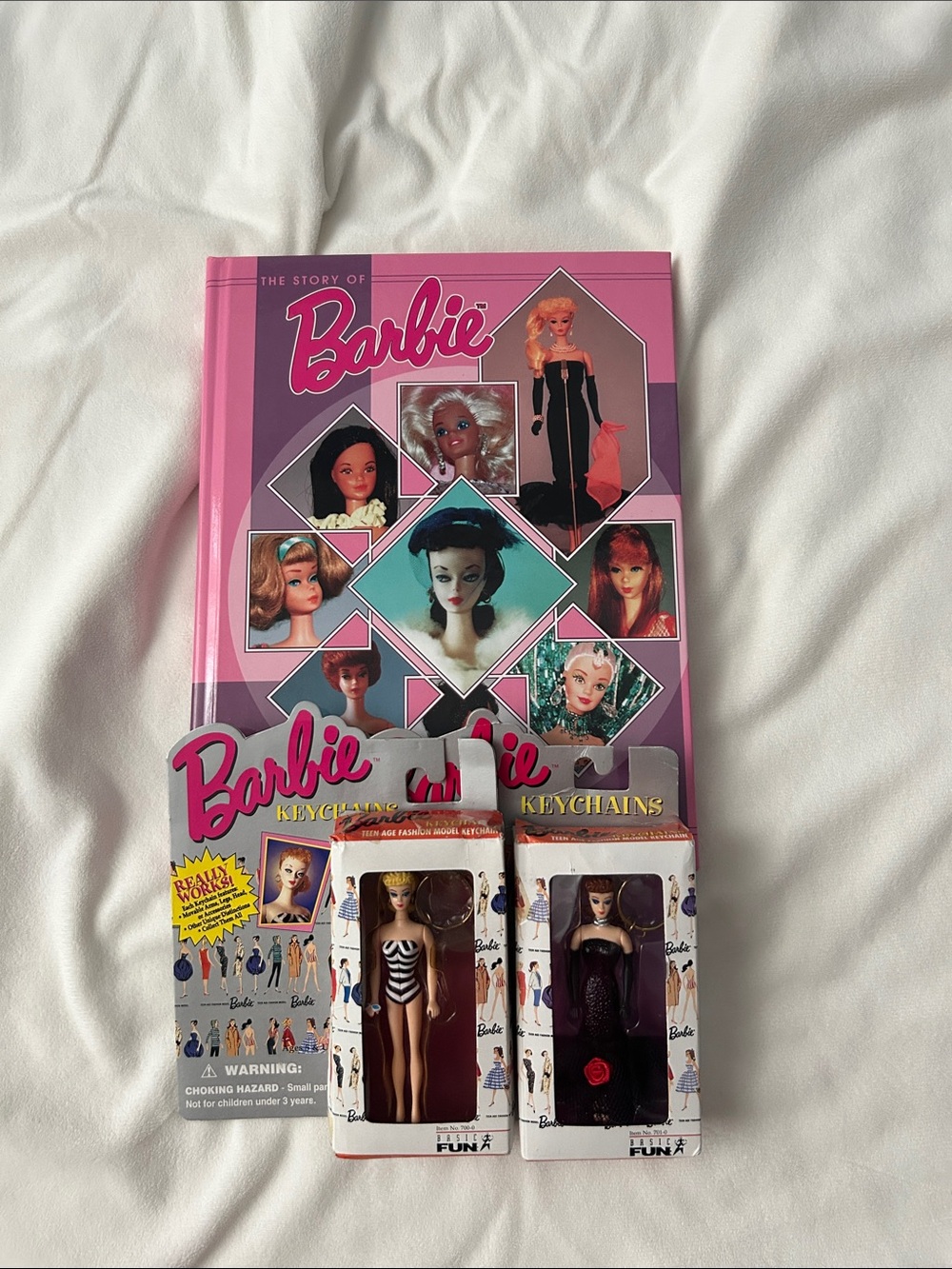Vintage Barbie Pink Hardcover Book & “new” vintage Barbie keychain Dolls